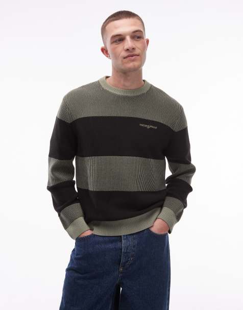 Tommy Jeans waffle texture jumper in sage and black stripe - view 1