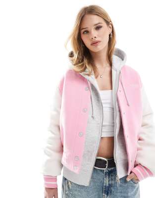 Tommy Jeans - Wattierte, mehrfarbige College-Bomberjacke mit Wollanteil-Rosa