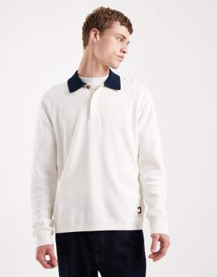 Tommy Jeans Men's White Waving Flag Label Rugby Shirt In Cream