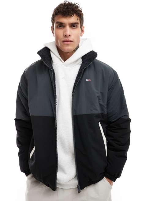 Tommy Jeans – Wendbare Teddyfleece-Jacke in Schwarz