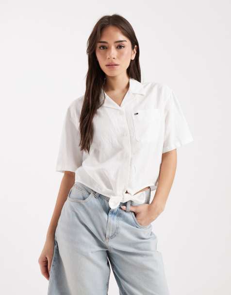 Tommy Jeans – Wiązana z przodu lniana koszula w kolorze złamanej bieli - view 1