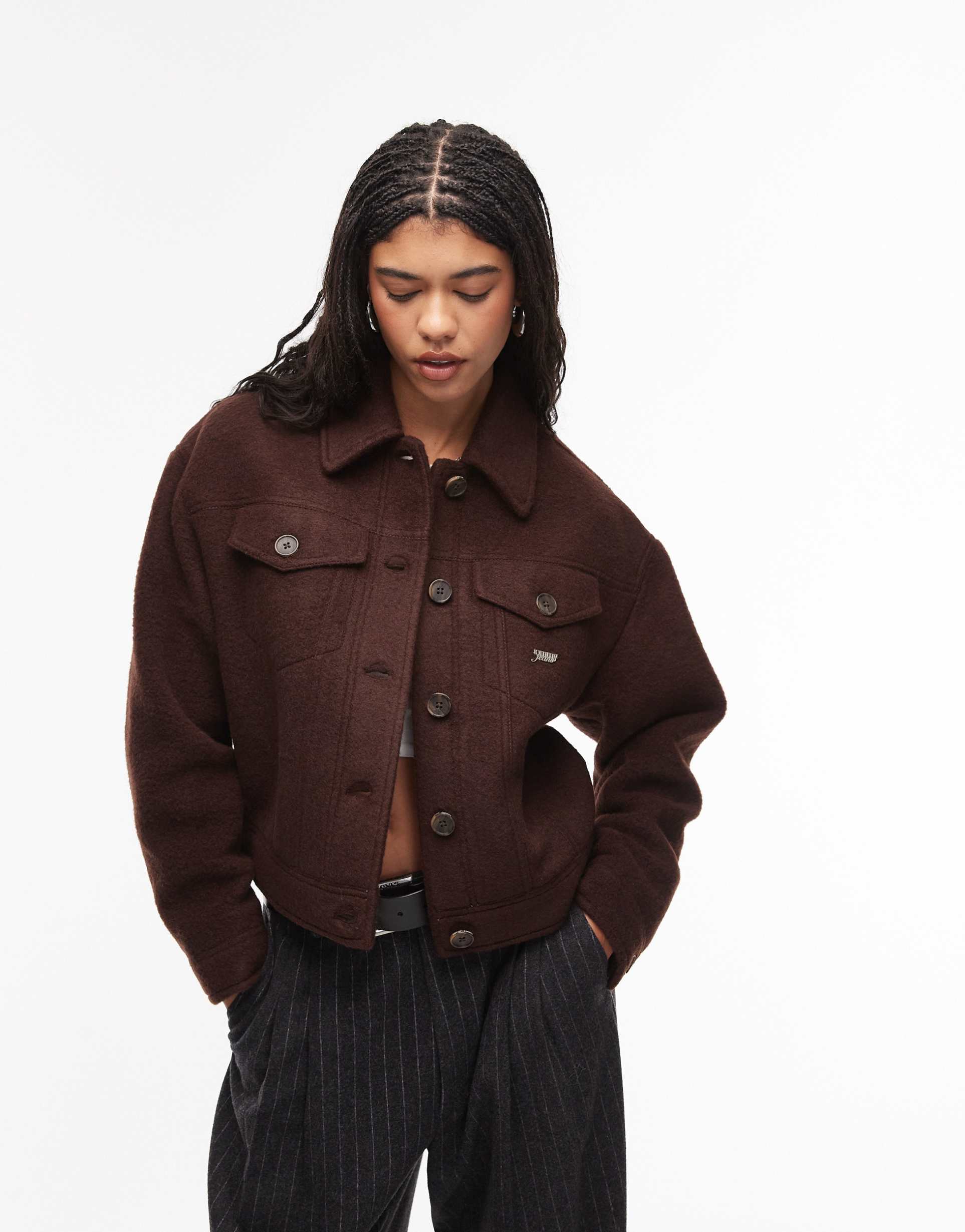 tommy jeans wool trucker jacket in chocolate brown