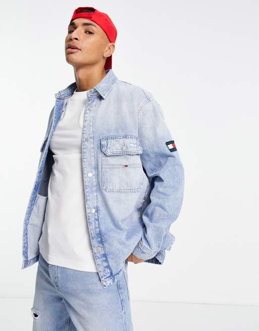 Tommy Jeans worker denim overshirt jacket in distressed light wash