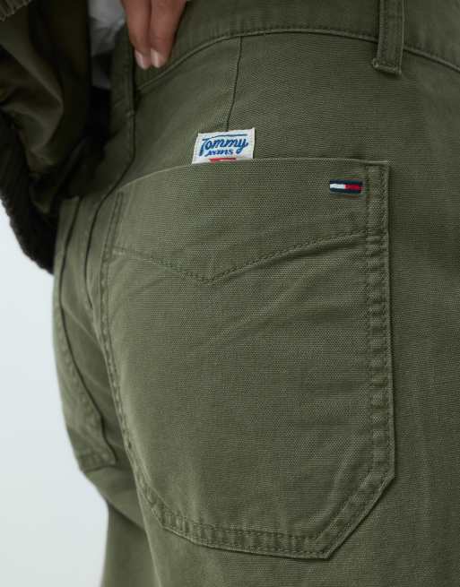 Tommy Jeans workwear barrel leg trousers in dark green, 5 of 5