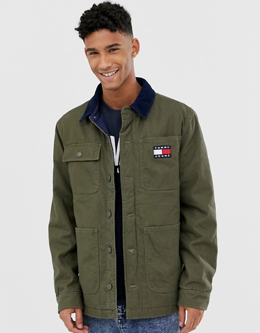 Tommy Jeans workwear jacket in green with contrast cord collar and flag logo