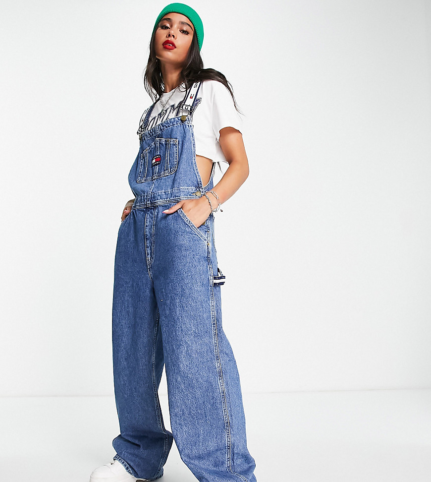Tommy Jeans X Asos Exclusive Baggy Fit Dungarees In Mid Wash-Blue