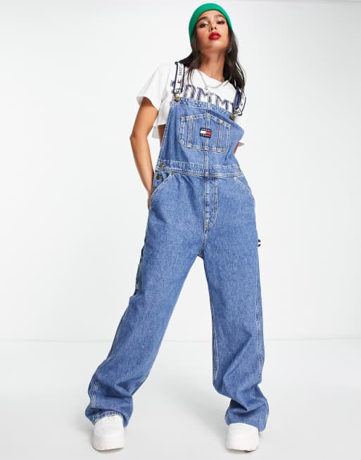 Tommy Jeans x ASOS exclusive baggy fit dungarees in mid wash, 4 of 4