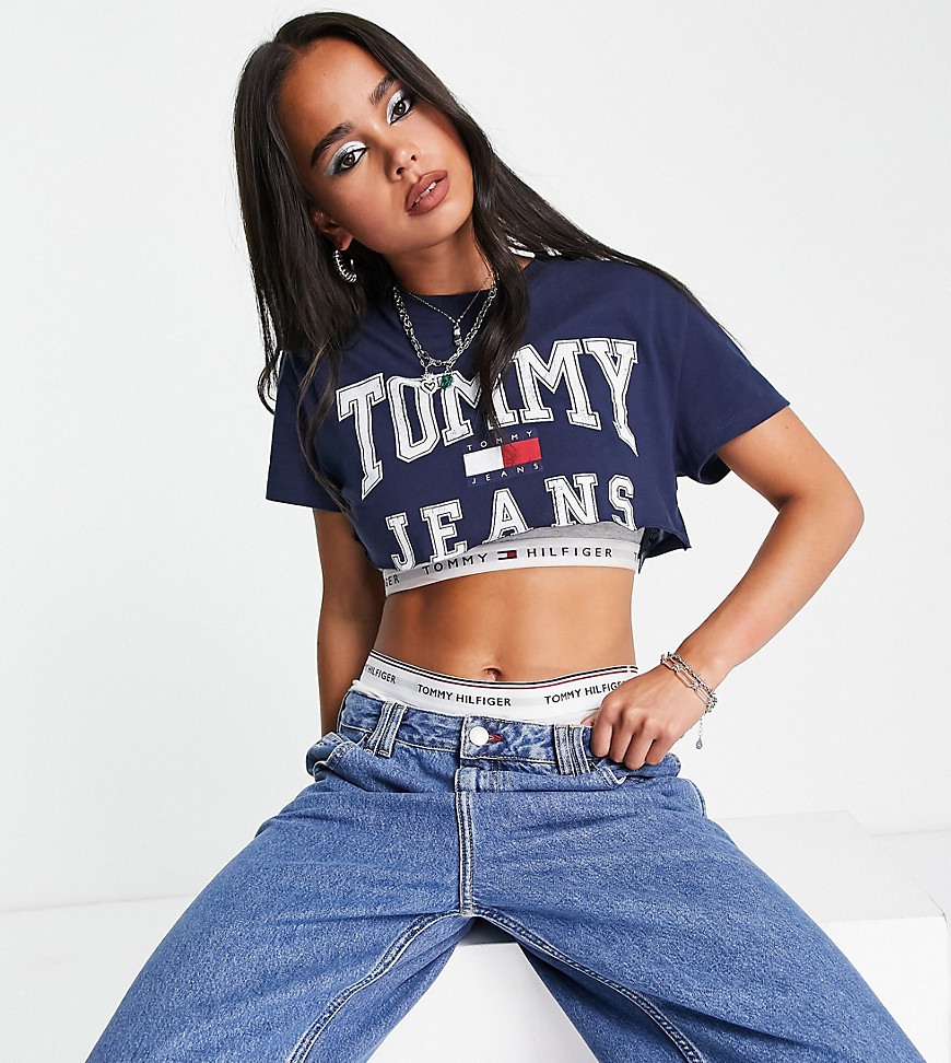 Tommy Jeans x ASOS exclusive collab cropped logo t-shirt in navy