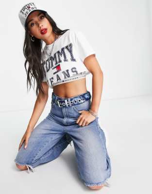 Tommy Jeans x ASOS exclusive collab cropped logo T-shirt in white