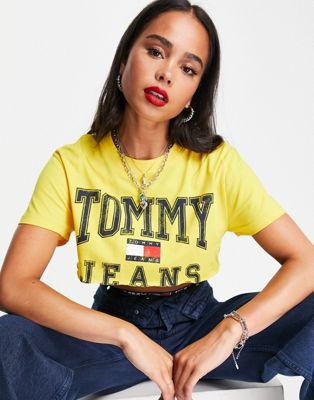 Tommy Jeans x ASOS exclusive collab cropped logo t-shirt in yellow - ASOS Price Checker