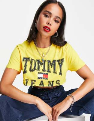 Tommy Jeans x ASOS exclusive collab cropped logo t-shirt in yellow