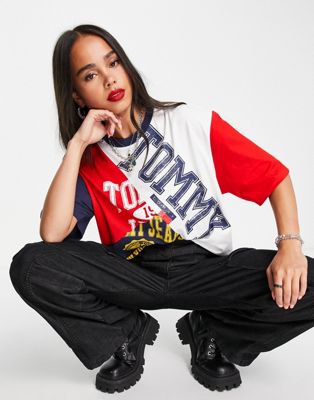 Tommy Jeans x ASOS exclusive collab spliced logo boyfriend t-shirt in multi - ASOS Price Checker