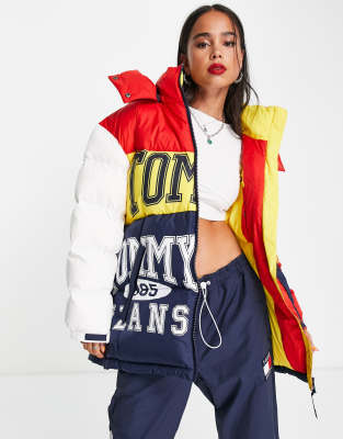 Tommy Jeans x ASOS exclusive splice logo oversized down fill puffer jacket in multi - ASOS Price Checker