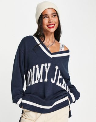 Tommy Jeans x ASOS exclusive varsity logo v neck jumper in navy
