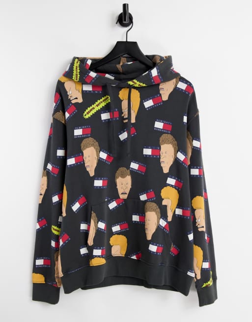 Tommy Jeans x Beavis – Czarna bluza z kapturem unisex z nadrukiem na całości
