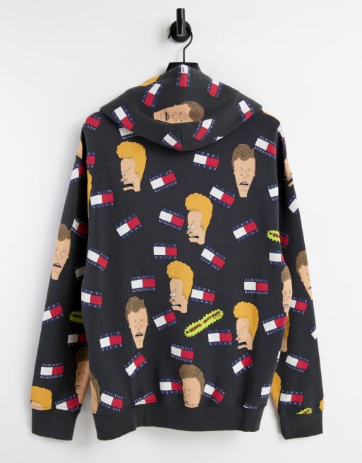 Tommy Jeans X Beavis unisex all over print hoodie in black ASOS