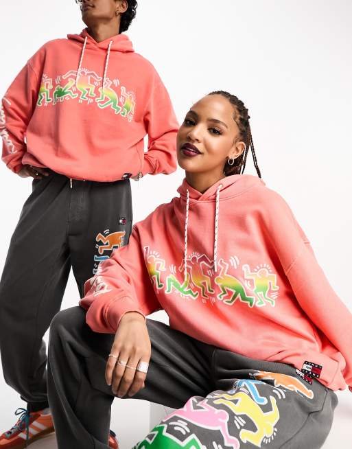Tommy Jeans x Keith Haring unisex graphic print hoodie in coral, 4 of 4