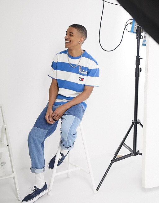 Tommy Jeans x Looney Tunes Capsule Bugs Bunny block stripe pocket t-shirt flag logo in blue/white