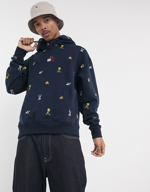 Tommy Jeans x Looney Tunes Capsule embroidered character central flag logo hoodie in navy