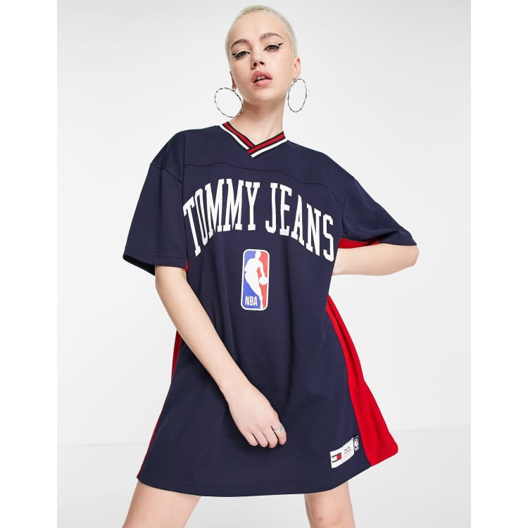 Tommy Jeans x NBA polyester mesh v neck varsity dress in navy - NAVY