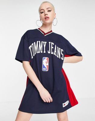Tommy Jeans x NBA polyester mesh v neck varsity dress in navy - NAVY