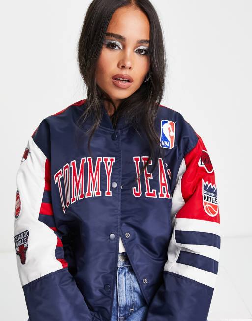 Tommy Jeans x NBA polyester mesh v neck varsity dress in navy - NAVY