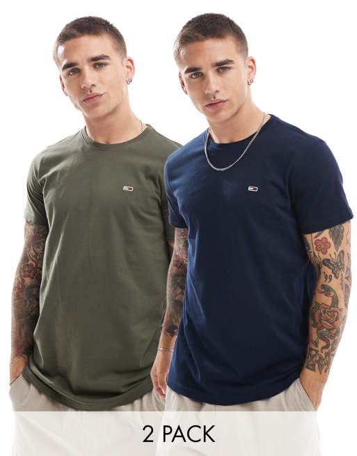 Tommy Jeans – Zestaw 2 dopasowanych T-shirtów w kolorach granatowym i khaki z logo z flagą