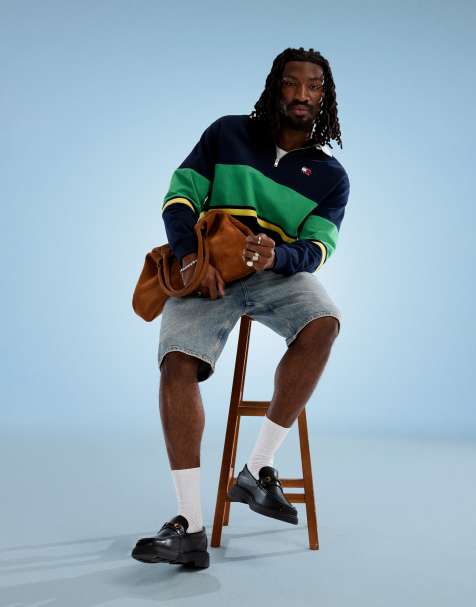 Tommy Jeans zip color block rugby top in navy and green - view 1