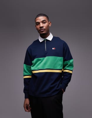 Tommy Jeans Zip Color Block Rugby Top In Navy