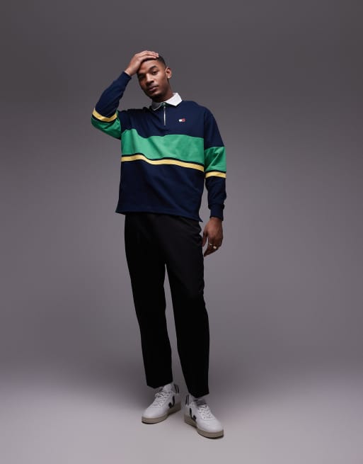 Tommy Jeans zip colorblock rugby top in navy and green, 3 of 4