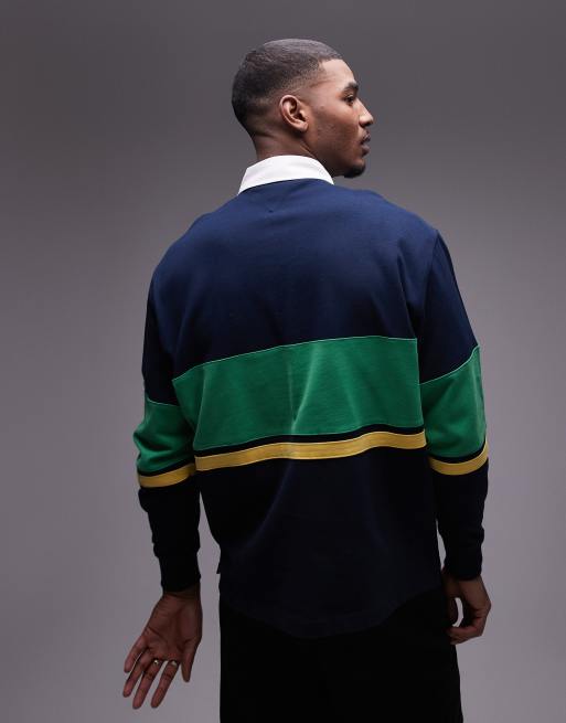 Tommy Jeans zip colorblock rugby top in navy and green | ASOS