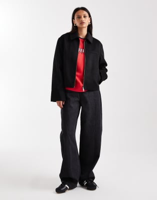 Tommy Jeans Zip Front Wool Collared Jacket In Black