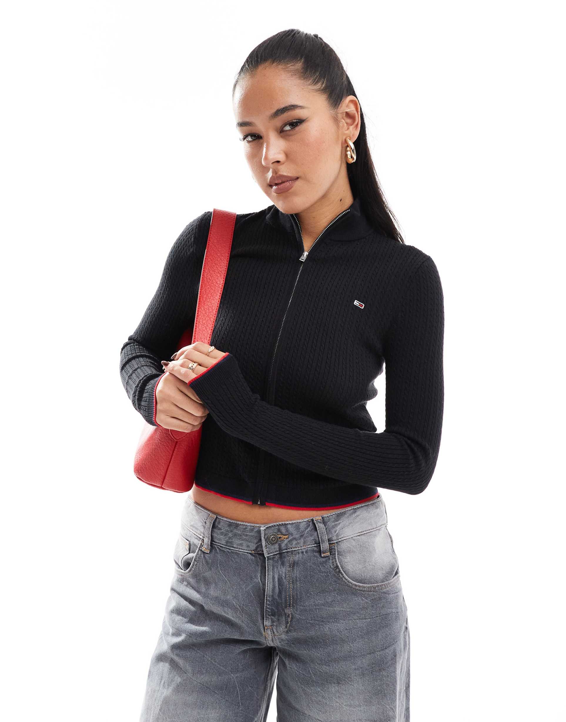 tommy jeans zip through sweater in black