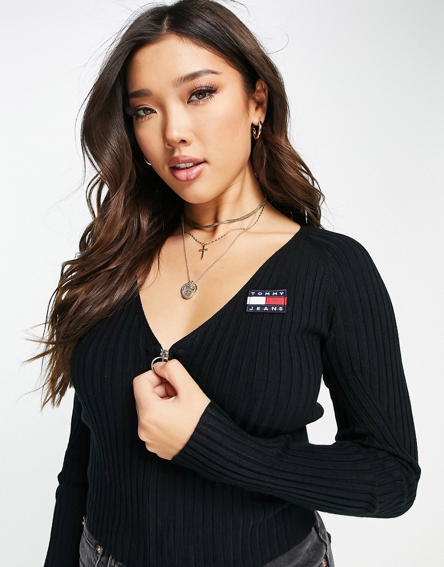 Tommy Jeans zip up flag logo cardigan in black