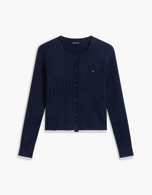 Tommy Jeans Zopfstrick-Cardigan mit Bogenkantenabschluss, schmal geschnitten, in Dunkelblau, 5 von 5