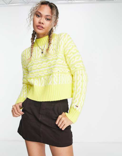 Tommy Jeans – Żółty sweter oversize z dzianiny o warkoczowym splocie , 3 z 4