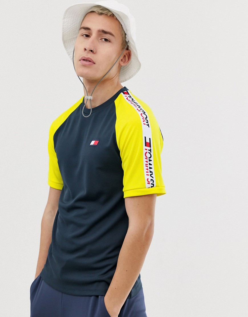 Tommy Sport colour block t-shirt with sleeve taping in navy/yellow