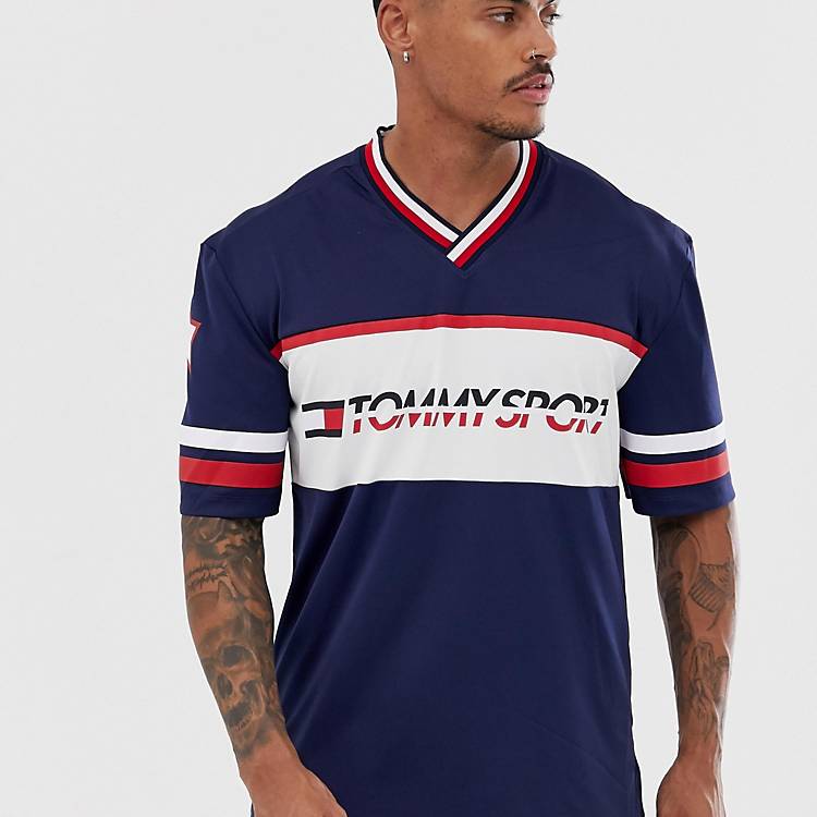 Tommy Sport oversized chest print t-shirt with sleeve stripe in navy | ASOS