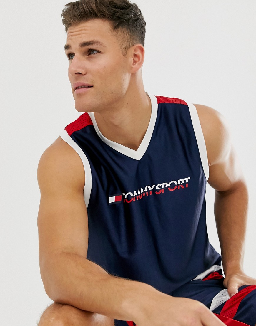 Tommy Sports logo mesh basketball vest in navy