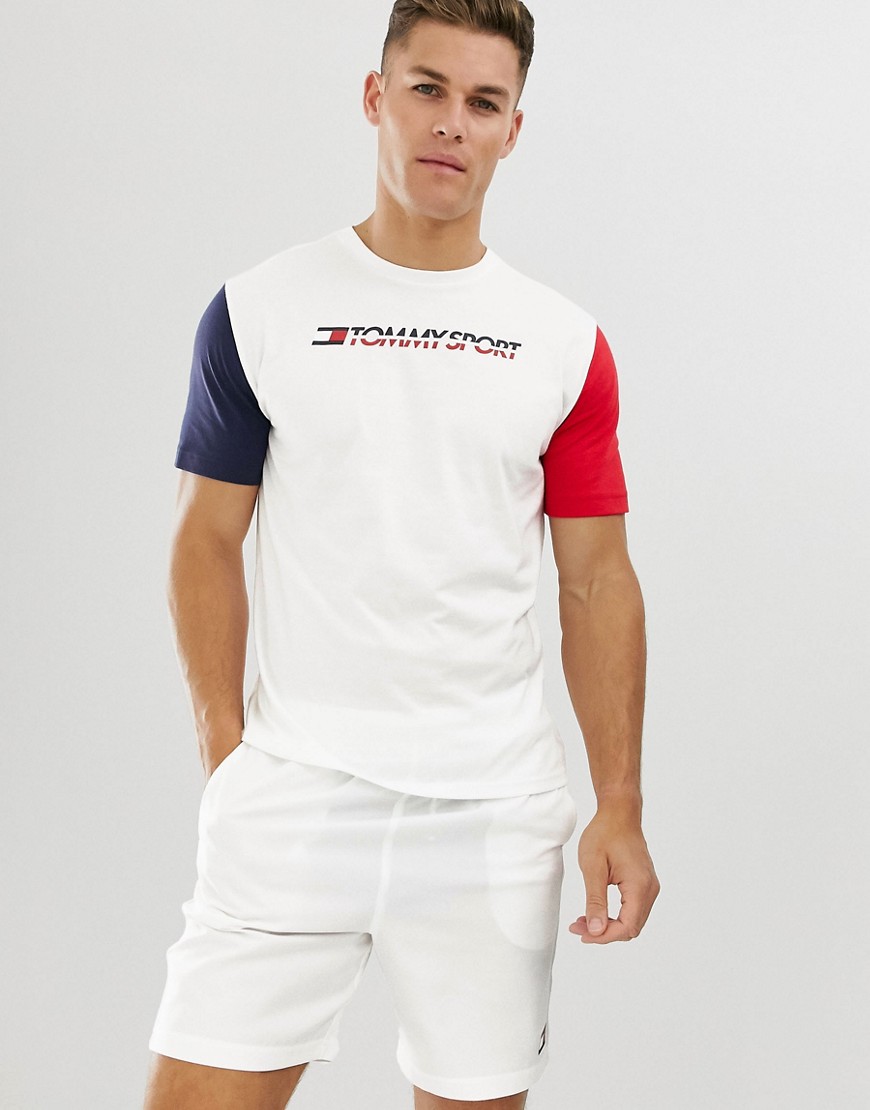 Tommy Sports - T-shirt colourblock bianca con logo sul petto-Bianco