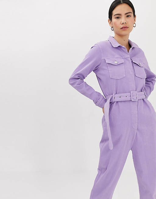Tomorrow organic belted denim jumpsuit in lilac