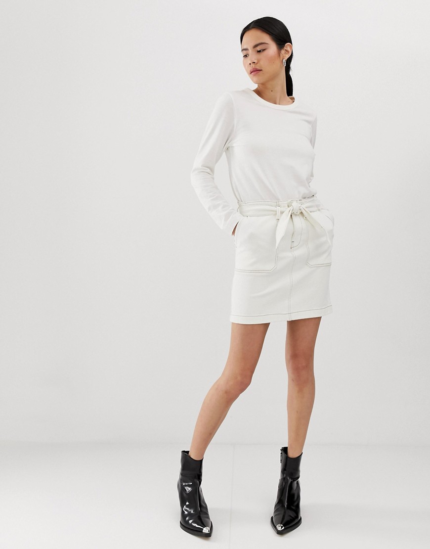 Tomorrow organic denim skirt with belt and contrast stitching in ecru-White