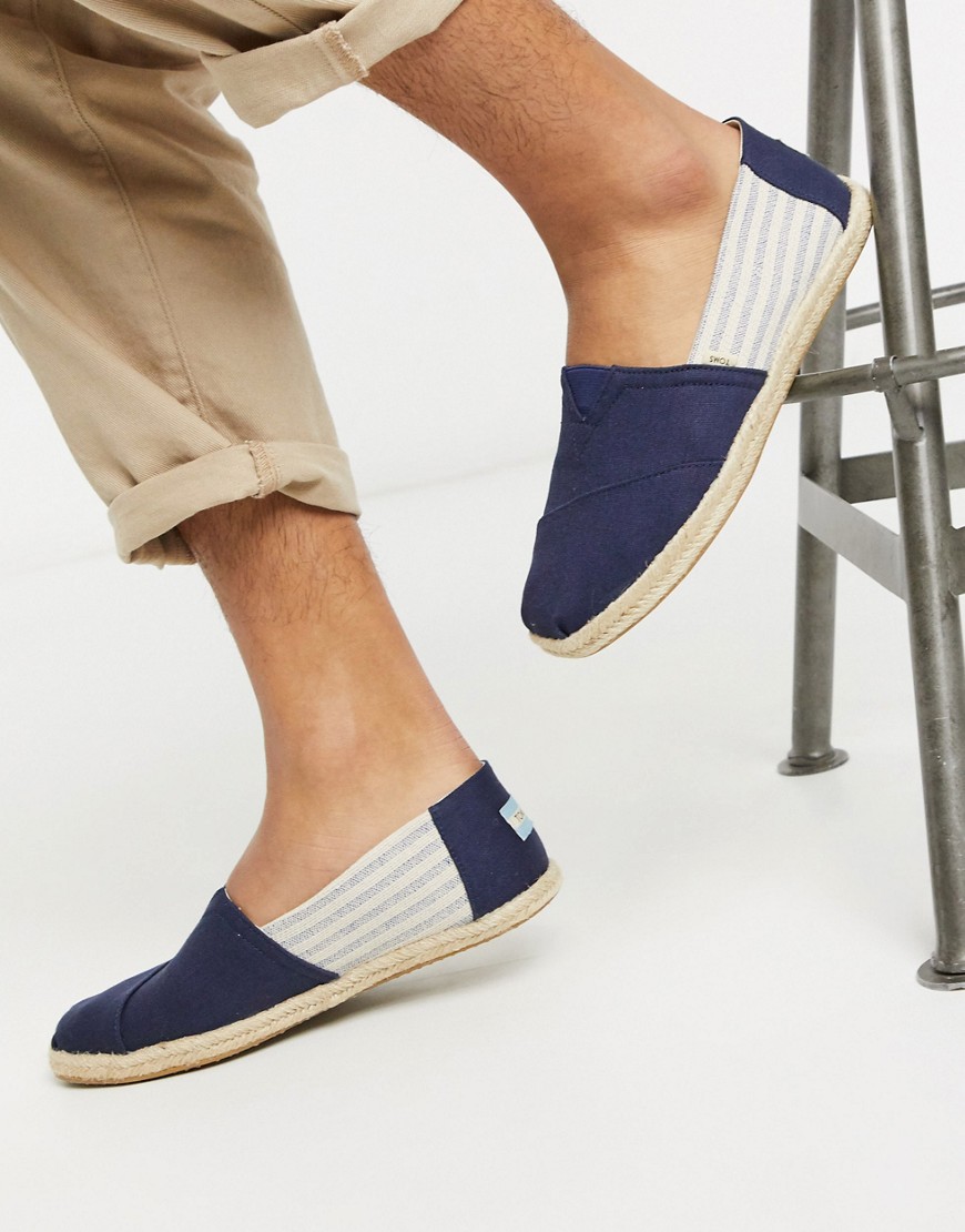 TOMS ESPADRILLES IN NAVY STRIPE LINEN WITH ROPE DETAIL-BLUES,10013553