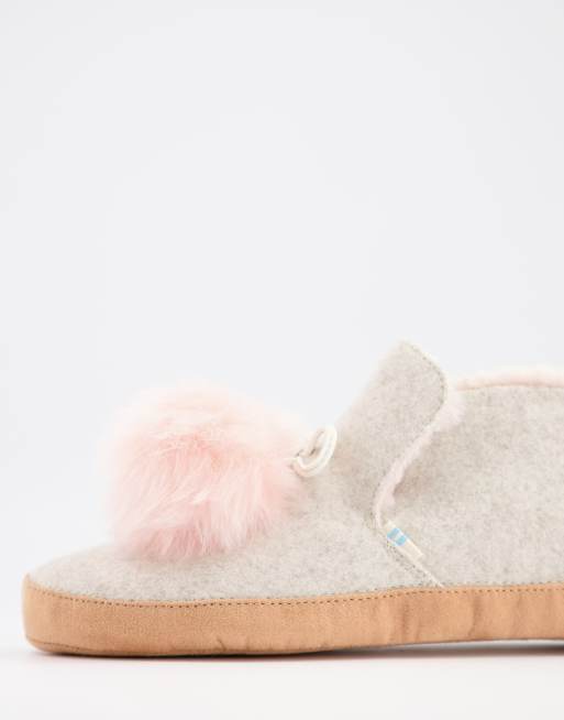 TOMS Nahla pom pom fluffy slippers in pink ASOS