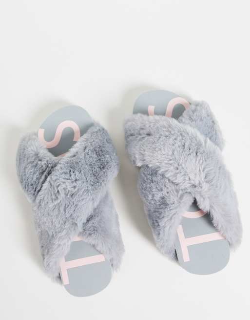 TOMS Susie cross strap faux fur slippers in gray  , 3 of 4