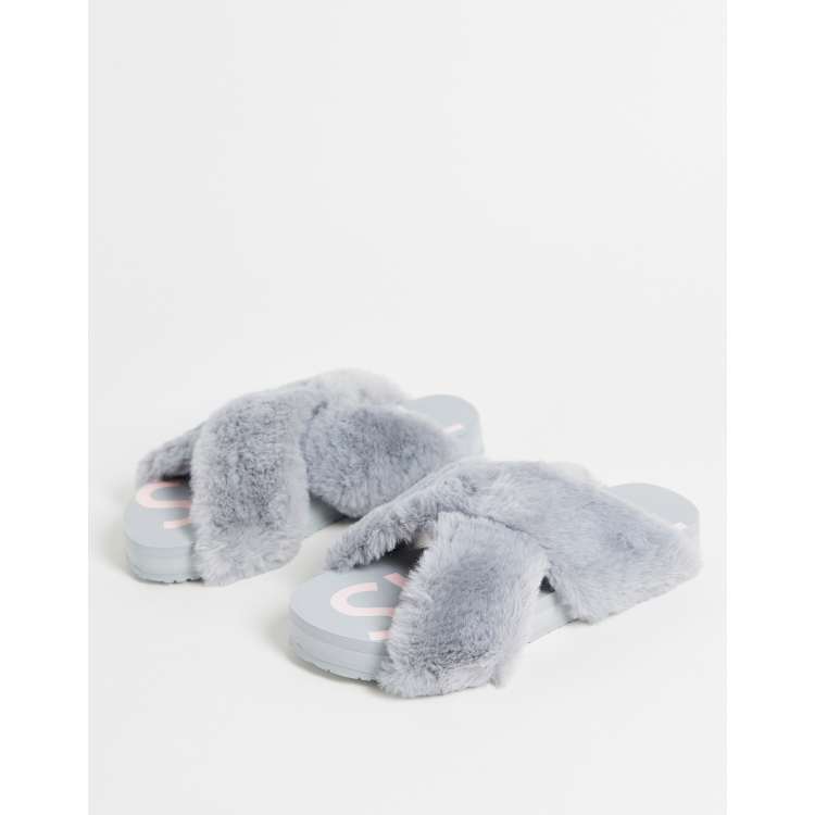 TOMS Susie cross strap faux fur slippers in grey ASOS