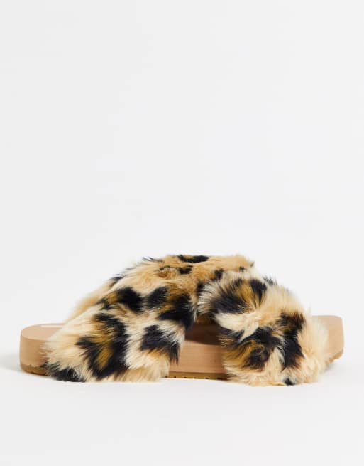 cross strap fur slippers