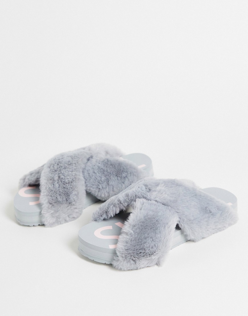 TOMS - Susie - EVA - Vegan pantoffels met kruisbanden van imitatiebont in grijs