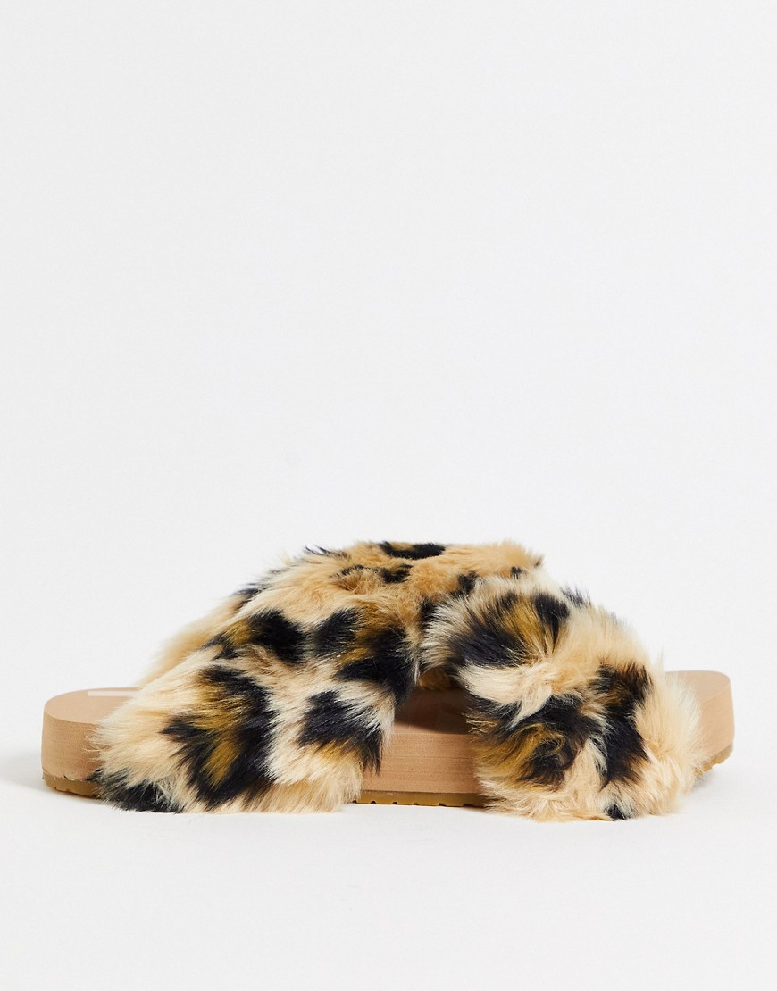 TOMS Susie vegan cross strap faux fur slippers in leopard-Multi
