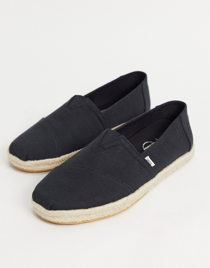 TOMS VEGAN FRIENDLY ALPARGATA SLIP ONS IN BLACK WITH ROPE SOLE